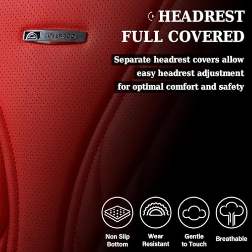 Image of Coverado Car Seat Covers Full Set, 5 Seats Front Seat Cover and Back Seat Covers for Cars, Automotive Seat Covers Nappa Leather Waterproof Seat Covers, Car Seat Protectors Universal for Cars Red