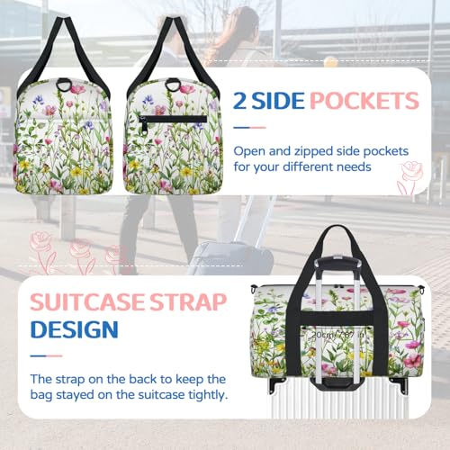 Wildflower Travel Duffel Bag for Women and Men, Floral Flower Plant Sport Tote Gym Bag Carry on Weekender Overnight Bags4