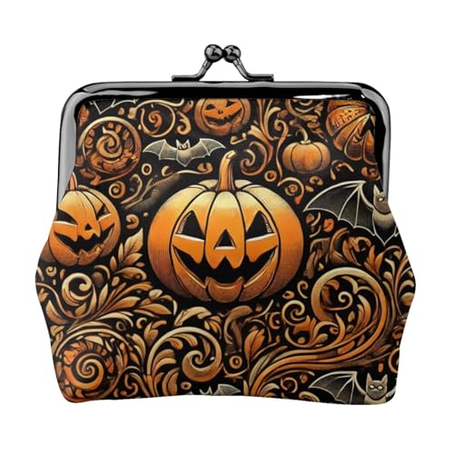 Pu Leather Buckle Coin Purse Holiday-Pumpkin-Bats-Swirls Girls Kiss-Lock Change Purse Wallets