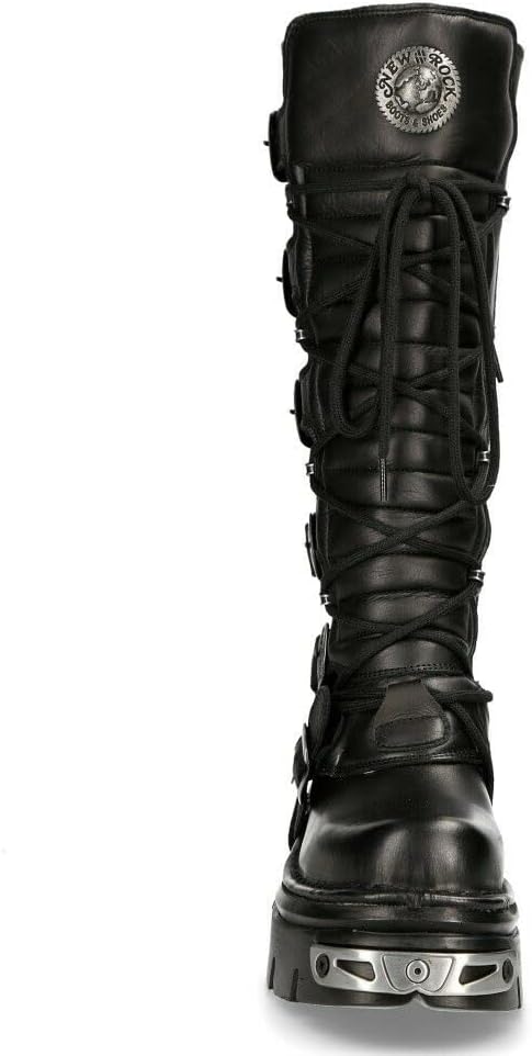 New Rock Women's 272-S1 Metallic Black Leather Gothic Emo Knee High Boots with Lace and Buckle Fastening