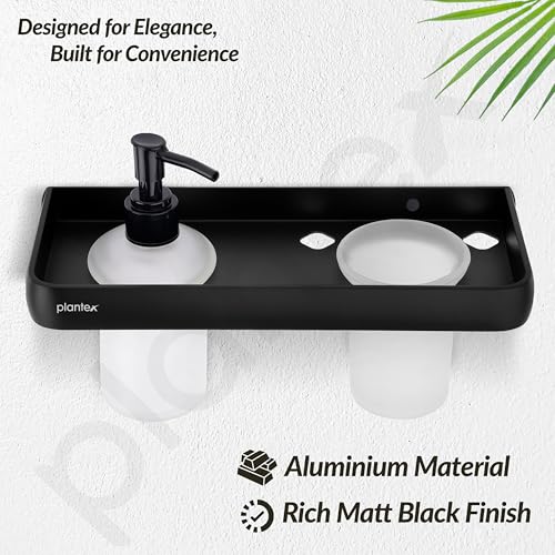 Image of Plantex Self Adhesive Aluminium Liquid Soap Dispenser with Tumbler Holder for Bathroom /2 in 1 Shampoo Dispenser with Toothpaste Holder /Bathroom Accessories - Pack of 1 (1505, Black)