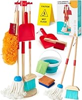 Atoylink Kinder Putzset 9-Teilige Holzspielzeug mit Kinder Besen Mopp Kehrschaufel Set Handfeger Eimer Lappen Staubwedel Ständer aus Holz Putzset Rollenspiele für Mädchen Jungen 3 4 5 6 Jahre