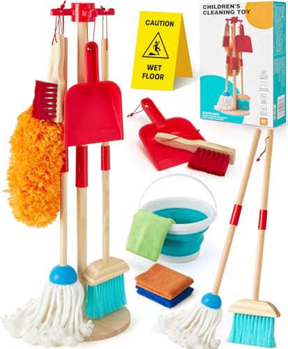 Lonico Wooden Kids Cleaning Toy Set Pretend Play Toys, 12 Pcs Toddlers Cleaning Mop Broom and Dustpan Set with Organizing Stand/Bucket/Duster/Brushes, Toddler Toys Gift for Boys Girls Aged 3 4 5 6