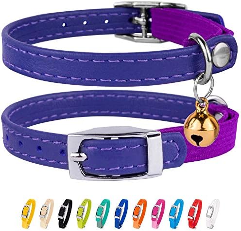 CollarDirect Leather Cat Collar, Cat Safety Collar with Elastic Strap, Kitten Collar for Cat with Bell Black Blue Red Orange Lime Green (Neck Fit 6"-7", Purple)