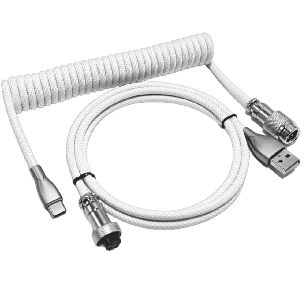USB C Coiled Keyboard Cable - Gaming Keyboard Coil Cord ,Custom Type Braided Mechanical Keyboard Cable With Detachable Metal Aviator Wire, 1.5M USB-C to USB-A, Computer Decoration Keyboard Wire White