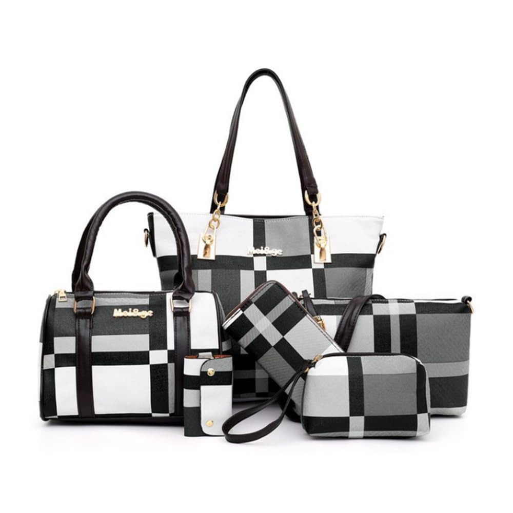 Juego de 6 bolsos de mano de piel sintética con asa superior para mujer, cartera y llavero