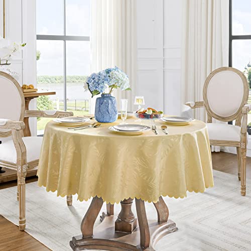 EFFICINATURE Round Tablecloth 60 Inch Fabric Table Cloth Leaves Pattern Scalloped Edge Silky Tablecloth Waterproof Wrinkle Resistant Washable Table Cover for Dining Party Banquet Decoration Golden by EFFICINATURE - Image 2