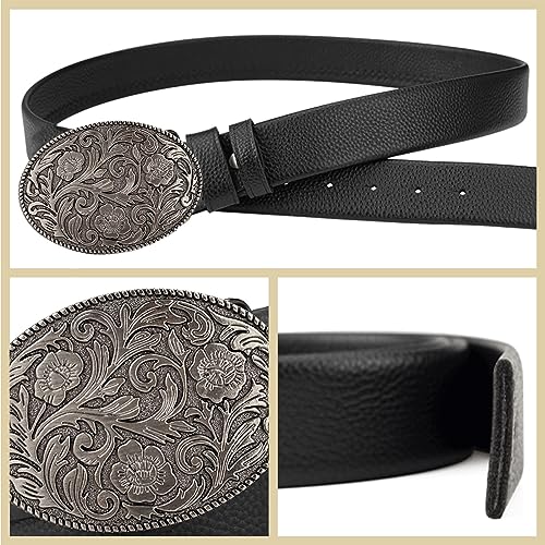 Western Cowboy Belt for Men, Leather Belt Silver Engraved Pattern Buckle Head Vintage Beltfor Dress Jeans,Black,115CM/45.3''3