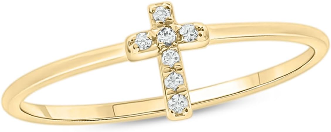 Cali Trove 1/20 Natural Diamond Cross Rings | 14Kt Gold Rings in White, Yellow and Rose | Sideways Cross Band | Anniversery Gifts for Her | Religious Jewelry | Cruz Jewlery | Faith Bands