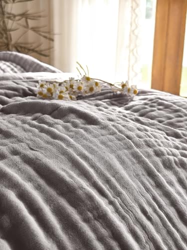 Image of SANACYNA Muslin Blankets 100% Cotton 6-Layer Gauze Gray Grid Bed Blanket Lightweight Soft and Breathable King Blanket for Sofa Couch Bed Coverlet Both Sides (Grey, King 90 inch X 104 inch)