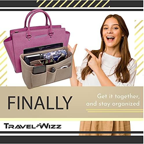 Travel-Wizz Handbag Organiser - 2in1 Bag Insert with Zipped Waterproof Pocket - Tote Shaper  Bag Tidy - Beige Medium