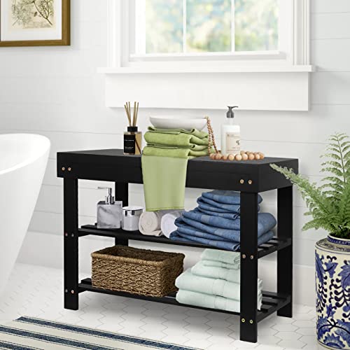 Bamburoba Shoe Rack Bench For Entryway,3-Tier Bamboo Small Bench With Storage Drawer,Shoe Shelf Organizer Indoor Outdoor Use,Black #TOP3