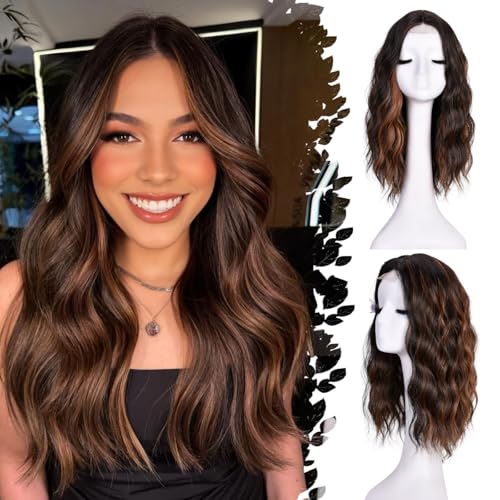 ANNISOUL Highlight Brown Short Wavy Wigs for Women 18Inch Bob Wave Wig Middle Part Synthetic Lace Front Natural Hairline Hair for Daily Party Use