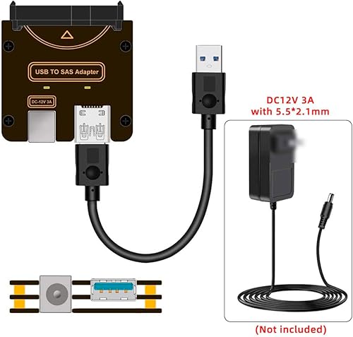 Vista 2 de CY SFF-8482 SAS 29Pin a USB3.0 Adaptador de disco duro de 5 Gbps con chipset y puerto de alimentación (necesita fuente de alimentación de 12 V/3A)