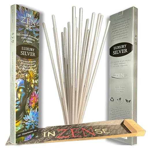 INZENSE Incienso Natural Artesanal Especial Silver (Mezcla Sagrada). Estuche 24 Varillas. Longitud 33 cm Combustión 90 Minutos Aprox. Regalo Incensario automontable.