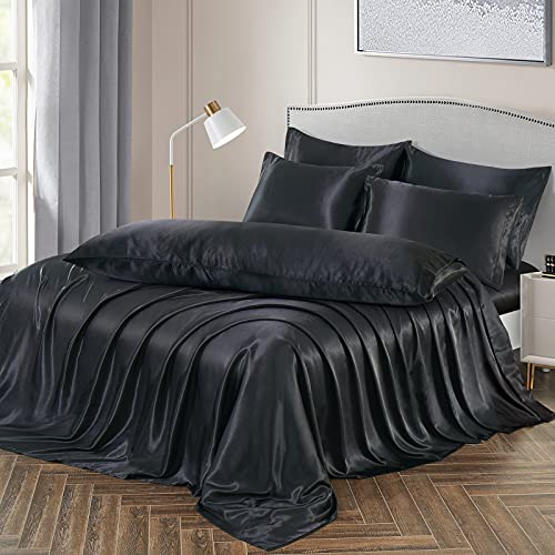 Image of Ersmak 7 Pieces Satin Sheets Set Queen Size, Luxury Silky Black Satin Bed Sheets Set with 1 Deep Pocket Fitted Sheet, 1 Soft Flat Sheet, 4 Queen Pillowcases and 1 Body Pillowcase