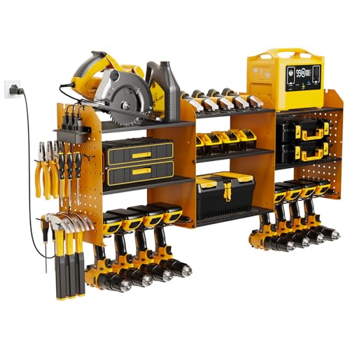 Power Tool Organizer, 45.5 Inch Cordless Drill Holder Wall Mounted, 3 Layers Tool Organizers with Outlet Power Strips , Garage Storage Rack for Toolbox/Impact Wrenches/Screwdriver/Plier/Hammer