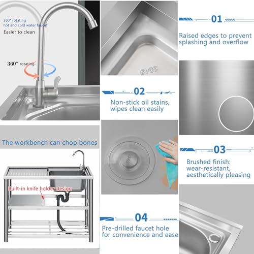 Évier de cuisine 1 bac en inox robuste avec robinet pour poste de travail chic