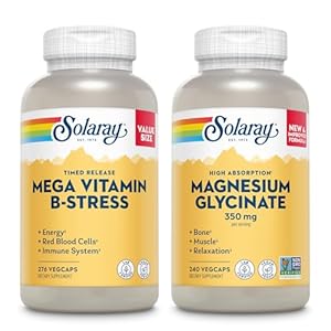 SOLARAY Mega Vitamin B Stress and Magnesium Glycinate 350mg Bundle – Timed Release Vitamin B Complex w/VIT C, Chelated Magnesium Bisglycinate – Energy, Relaxation and Immune Support, Vegan, 276/240ct