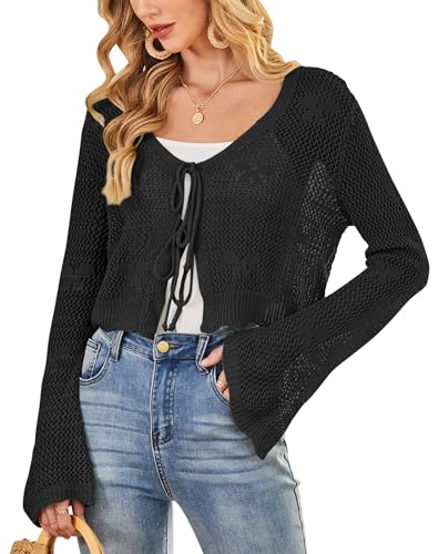 Image of Balimtoy Women Tie Front Cardigan Crochet Sweater Crop Tops Cute Bell Long Sleeve Knit Shrug Beach Vacation Cover Up