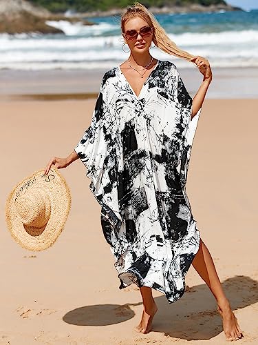 Image of sunforyou Kaftan Dresses for Women Plus Size Lightweight Swimsuit Cover up Batwing Sleeve Print Loungewear Beach Robe