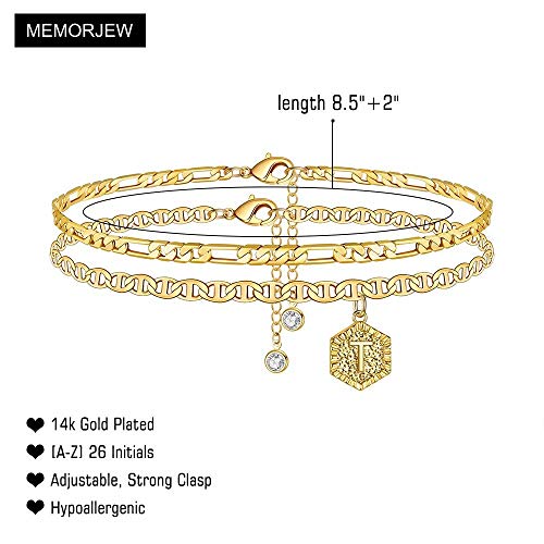 Memorjew Ankle Bracelets for Women Initial Anklet, Mariner Chain Layered Anklets with Initials Letter T Hexagon Anklet Bracelet for Women Gold Anklets Bracelets - Thumbnail 2