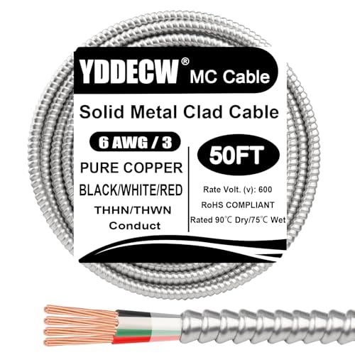 Image of 50ft 6 /3 Metal Clad (MC) Cable with Ground, 6 Gauge Electric Wire with Aluminum Armor, Solid Bare Copper Conductors for Indoor Outdoor Underground Embedded Installation (6 /3, 50 ft)