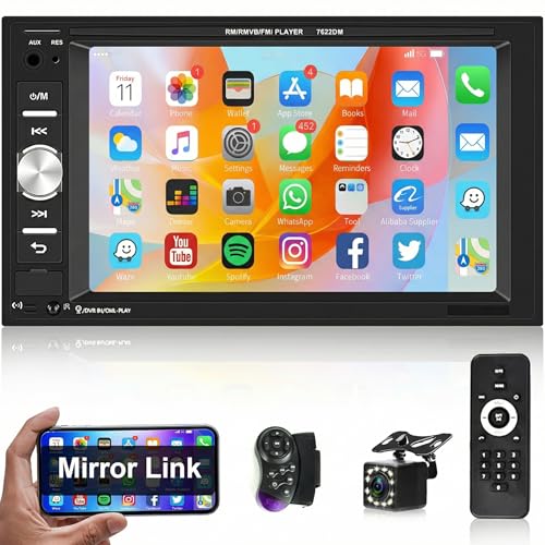 Autoradio 2 Din Con Bluetooth Vivavoce, Android Mirror Link, 7 Pollici Touchscreen, FM Radio, USB/AUX/SD/TF, Controllo del Volante, Telecomando + Telecamera Posteriore