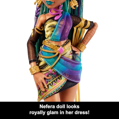 Image of Monster High Nefera De Nile Doll, Royal Mummy in Dress with Pet Scarab Lavish and 7 Accessories Like Purse, Laptop, Sunglasses, Drink and Snacks