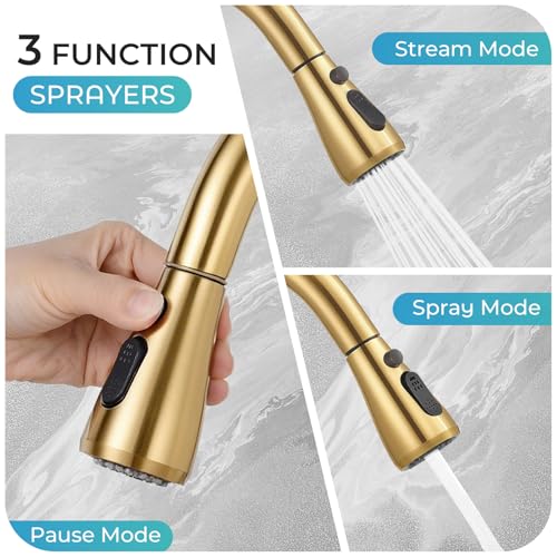 Image of Pull Down Kitchen Faucet 2 Hole - Brushed Gold Single Handle Kitchen Faucets, High Arc Stainless Steel Pull Out Kitchen Sink Faucet for RV Laundry Farmhouse Bar