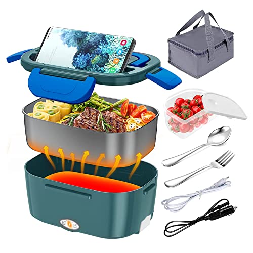 IRIPLEZO Boîte Chauffante Pro 3 en 1 Lunch Box Électrique 1.5L Gamelle Chauffante 12V 24V 220V avec Sac Isotherme Repas et Couverts en Acier Inoxydable pour Voiture Camion Bureau