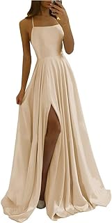 Satin Prom Dresses Long with Pockets Spaghetti Straps A Line Bridesmaid Dresses with Side Slit Ball Gown - Buy now