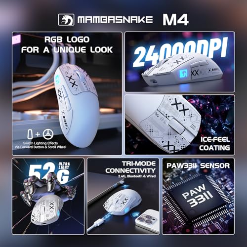 Image of ATTACK SHARK x MAMBASNAKE M4 Wireless Gaming Mouse, 24000 Adjustable DPI PAW3311 Optical Sensor, Programmed Buttons, 52g Lightweight Ergonomic Computer Mice 2.4G /BT /USB-C for PC /Mac-White&Griptape