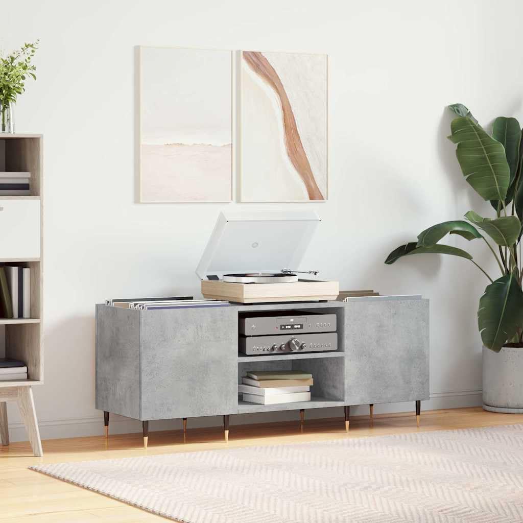 Hothingwell Mobile Porta Dischi Grigio Cemento 121x38x48 cm, Scaffale Vinili in Legno Multistrato con Piedini in Ferro, Mobile per Giradischi e Dischi LP
