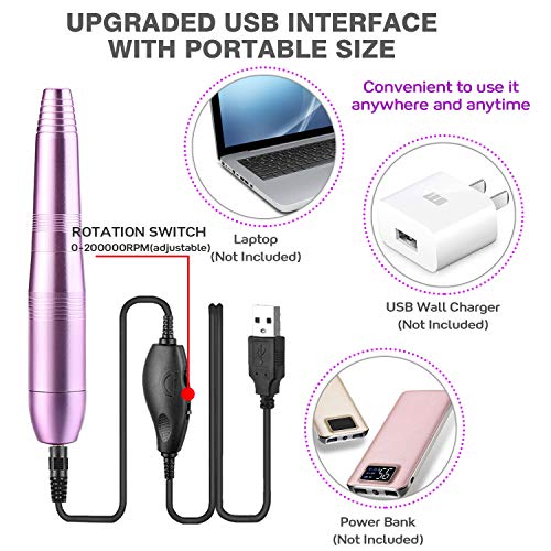 Electric Nail Drill, Professional Nail File Portable Manicure Pedicure Drill Kit with 11 Pieces Changeable Drills and Sand Bands for Acrylic, Gel Nails, Nail Salon and DIY Manicure
