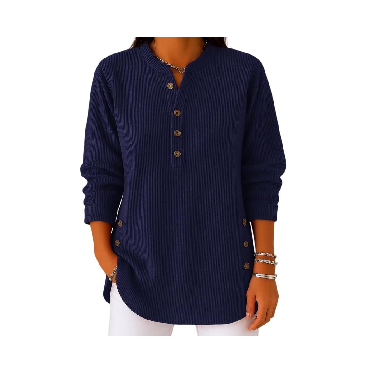 Womens Solid Color Long-Sleeved Openwork Round Neck Sweater Loose Knitted Pullover Long-Sleeved Sweater