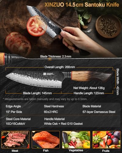 Miniatura 6 de Xinzuo 14,5cm Cuchillo Santoku Acero De Damasco Núcleos De Acero 10cr15comov -Cuchillo Chef De Cocina Forjado A Mano Hojas Afiladas -Para Carne, Pescado, Frutas Y Verduras -Mango De Roble Blanco