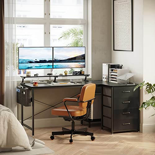 Kkl 55 Inch L Shaped Computer Desk With Usb Charging Port & Power Outlet, L-Shaped Corner Desk With 4 Tier Drawer & Monitor Shelf For Home Office Workstation, Modern Style Writing Table, Black #TOP1