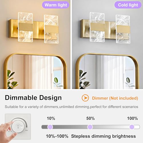 Image of Modern LED Bathroom Light Fixtures Dimmable 2-Light Gold Vanity Light
