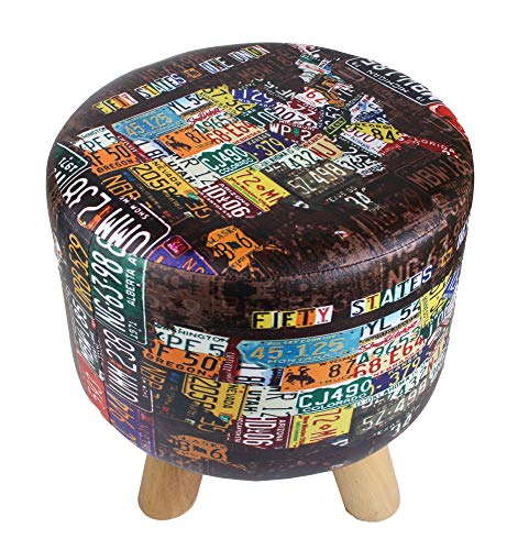 Emartbuy Reposapiés Retro Vintage Acolchado con Funda de Cuero PU, Puff Redondo, Patas de Madera Maciza, A x P 30 x 30 cm - Placas de Números