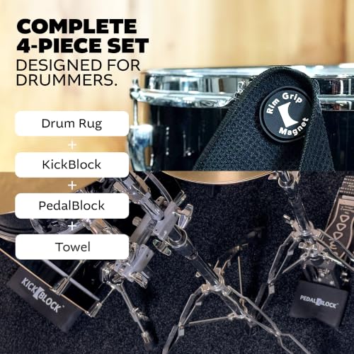 Image of KickBlock Standard Drum Rug with Drummer Towel & Stabilizers - Stage Black