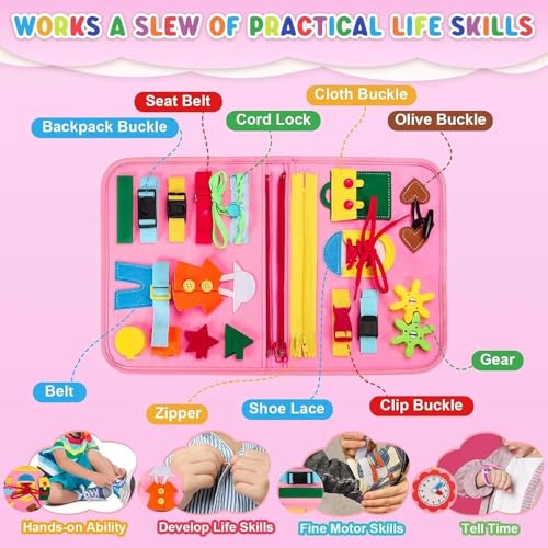 Image of Busy Binder & Busy Book for Toddlers Toys - Montessori ABCD Toys Travel Essentials Made of Soft Felted Wool for 1-4 Year Old Girls Educational Games - Preschool Learning (Pink Play Book)