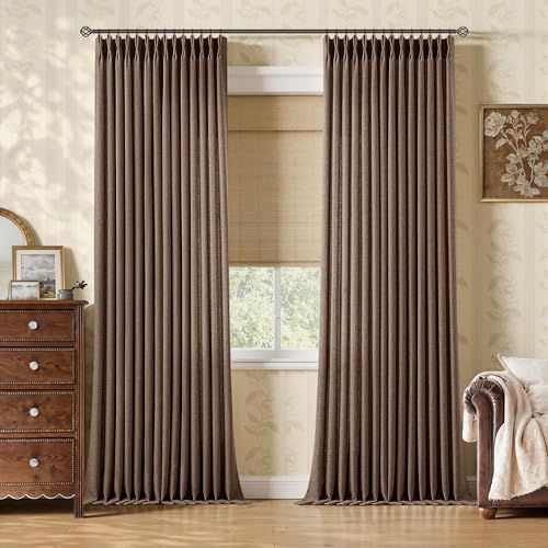 Dark Brown Pleated Semi Sheer Linen Memory Shaped Curtains 96 Inches Long
