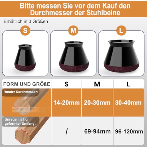 RUSIDO 24 Stuhlbeinkappen Schwarz Silikon,filzgleiter für stühle,Rund Stuhlbeinschoner Schützen sie den Boden vor Kratzern,für gerade und schräge Stuhlbeine,Geringeres Rauschen (S Fit: 14-20mm)