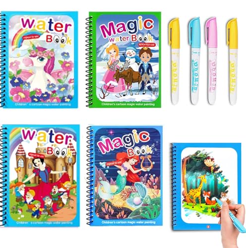 QXNDXQ Libro da colorare ad acqua, 4 pezzi, libro magico per bambini, libro da colorare riutilizzabile con 4 penne ad acqua, per bambini a partire dai 3 ragazze (2)