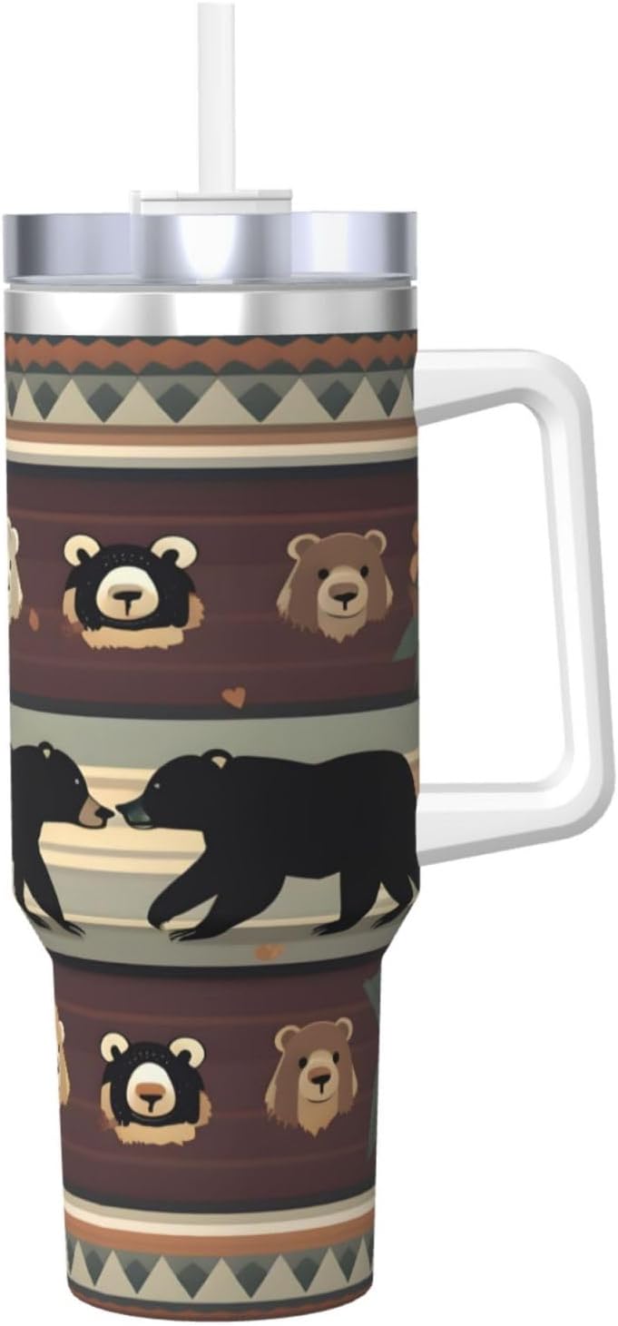 40 OZ Bear Print Ice Bully Cup with Handle Straw Lid Straw,Stainless Steel Tumbler Coffee Cup