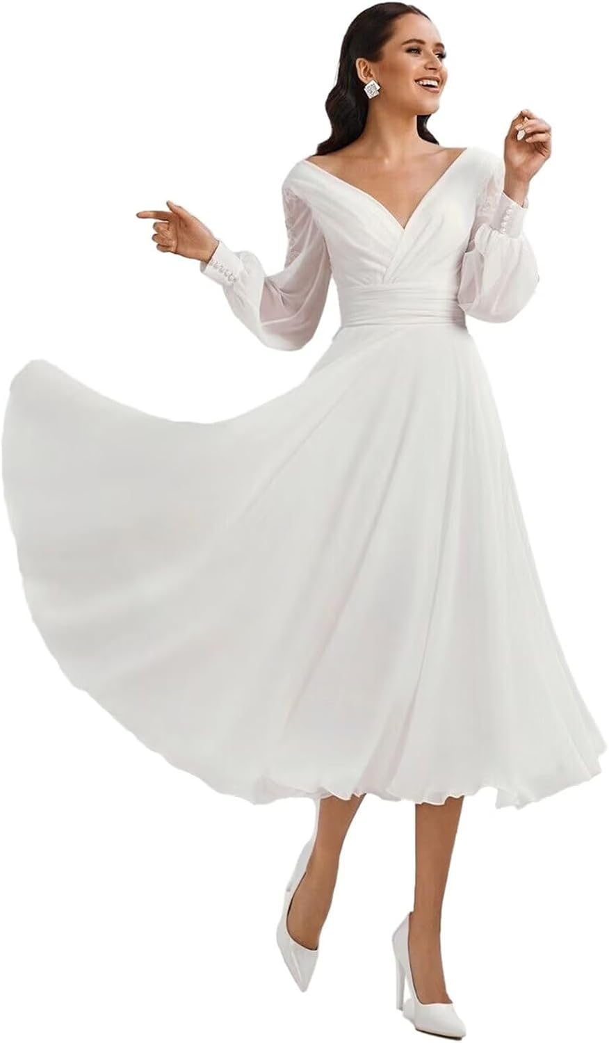 Women's Long Sleeves Tea Length Wedding Dress for Bride Chiffon V Neck A Line Midi Bridal Dress for Women