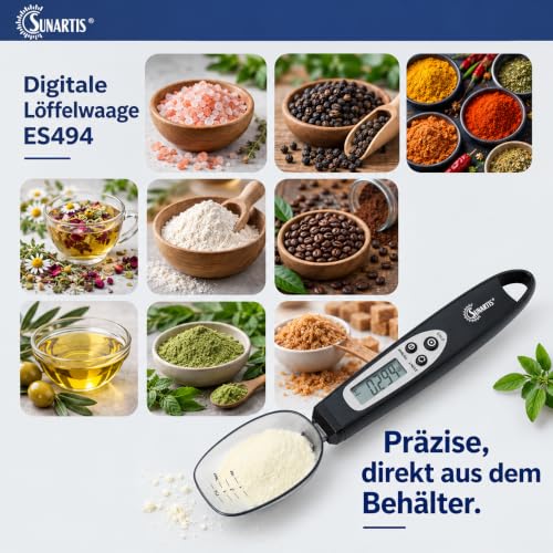 Foto von SUNARTIS - Digitale Löffelwaage | Digitaler Messlöffel mit Zuwiegefunktion bis 3.000g | Mit abnehmbarem Löffel, inkl. Batterien | Perfekt für Zucker, Gewürze, Öl & Hundefutter | Ca. 22x5x2,6cm