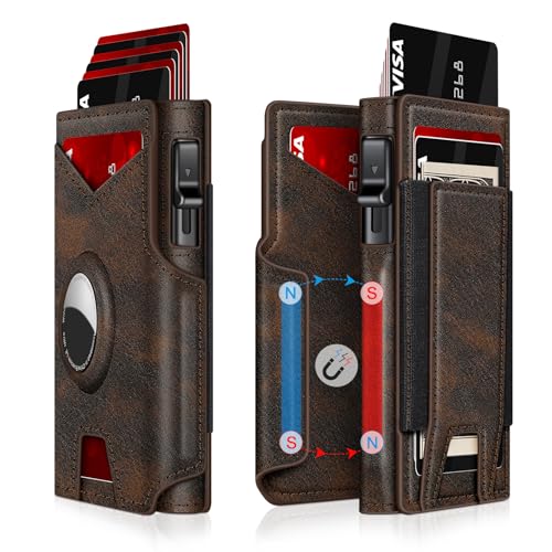 Airtag Wallet for Men, Minimalist Slim Mens Wallet Smart Pop Up Credit Card Holder for 9-13 Cards, RFID Blocking Wallet with ID Window & Cash Slot, Compact Bifold Metal Aluminum Card Case