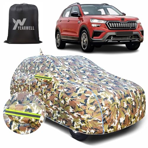 Image of Car Body Cover for Skoda Kushaq, 100% Waterproof with Mirror & Antenna Pockets, Military Print Design, UV & Dust Protection, Triple Stitched, Sky Piping & Reflector (Jungle Print)
